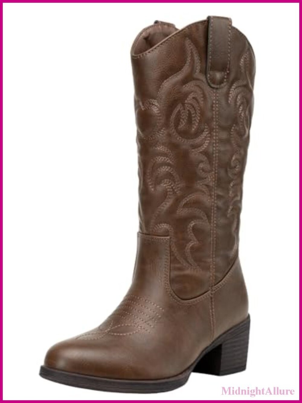 Women's Western Cowboy Boots Round Toe Mid Calf Pull On Faux Leather